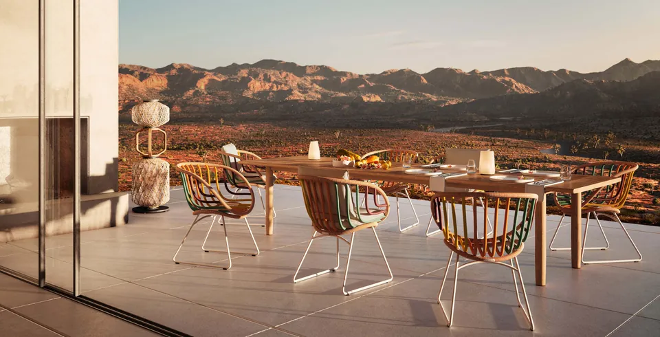 Dedon outdoor furniture, Kida hanging lounge chair on a patio