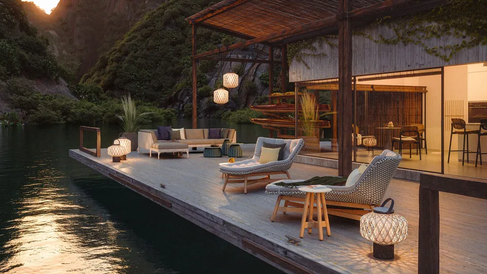Durable outdoor furniture by Dedon, close view of hand-woven Dedon Fiber on an Mbrace chair