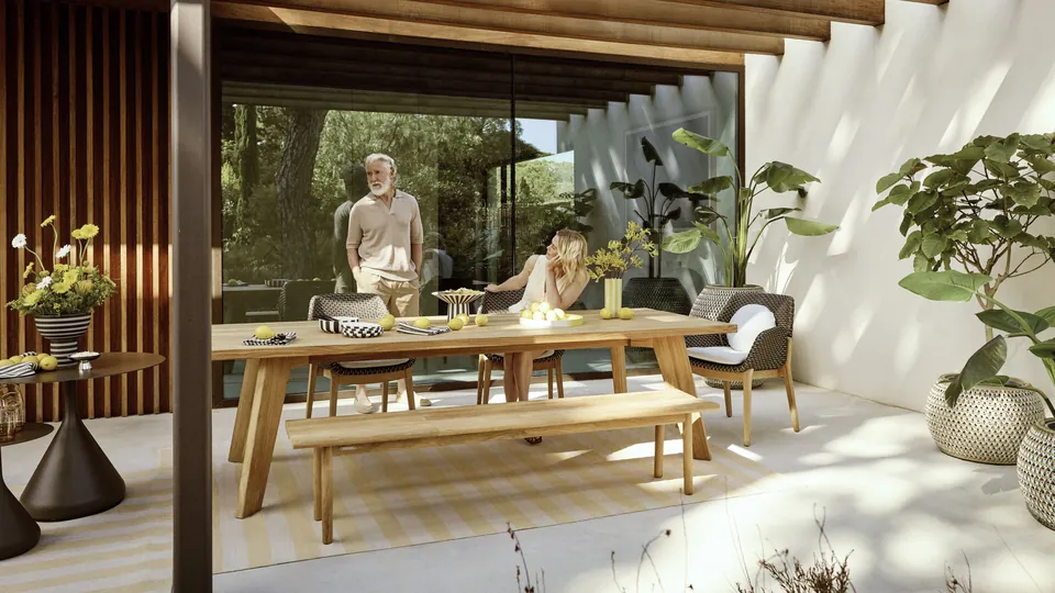 Dedon Solyd teak dining table, outdoor furniture set with woven Dedon chairs