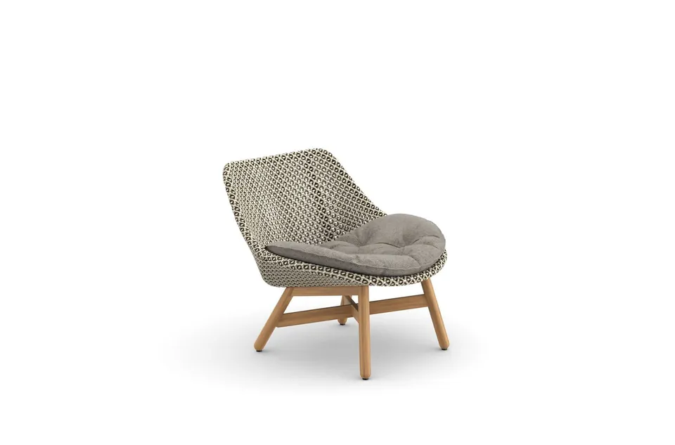 Dedon Mbrace club chair in Pepper fiber, outdoor lounge chair with teak legs
